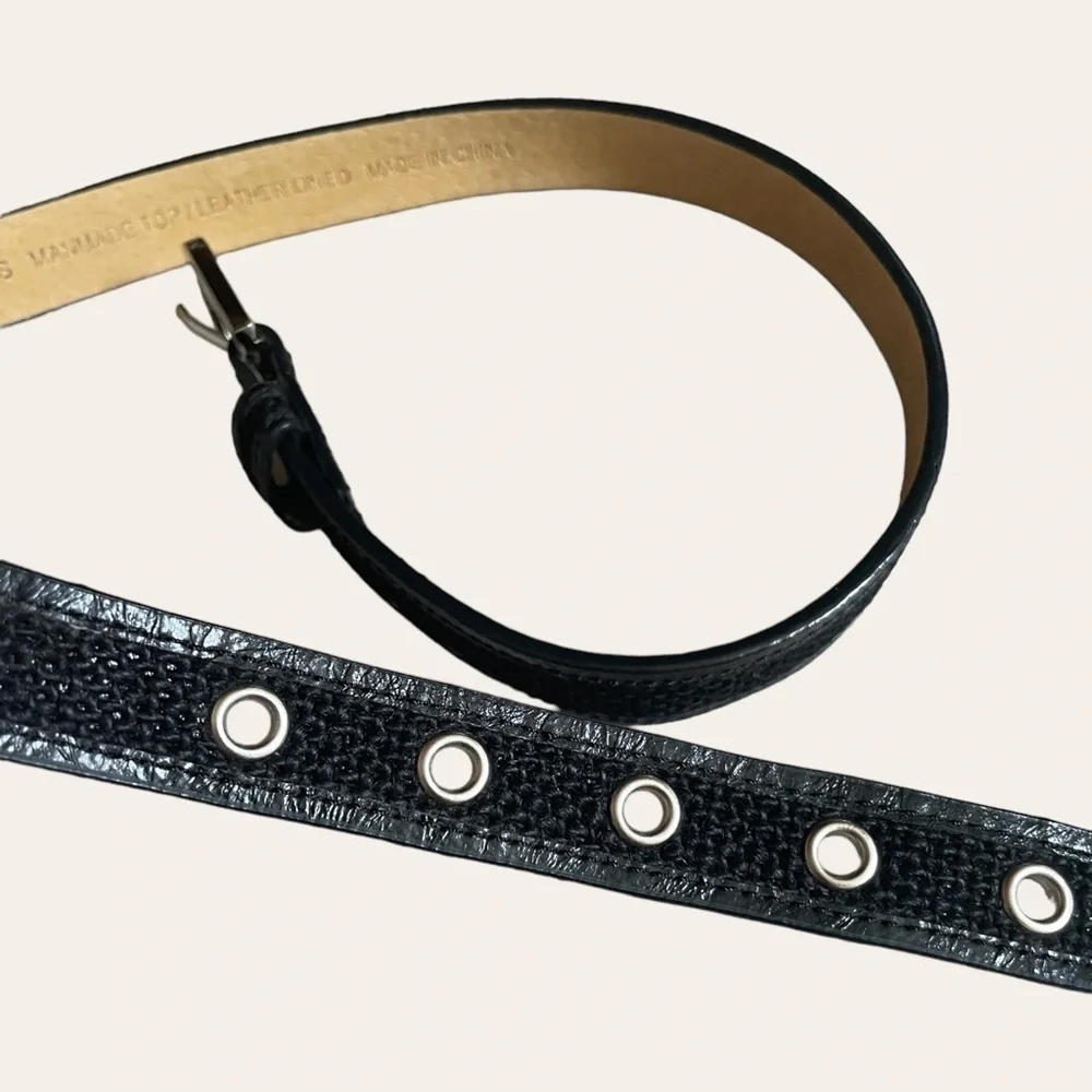 Via Spiga Black Fabric & Leather Slim Skinny Silver Buckle Belt Size S